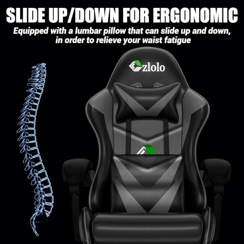 Image of Czlolo Gaming Chair with Footrest Racing Style Lumbar Support Massager Video Game Chair with Metal Legs, High Back Reclining Gamer Chair with Headrest, 360 Swivel Office Computer Desk Chair (Gray)