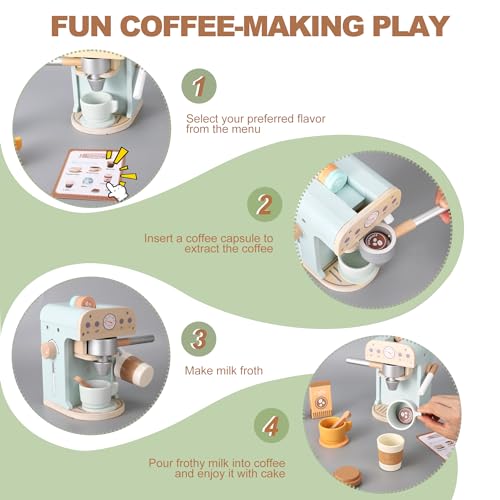 Pithfor Kids Wooden Coffee Maker Toy, Wooden Play Kitchen Appliances & Accessories Toy for Kids Toddlers, Gift for Girls Boys