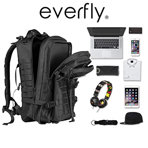 Everfly Mochila Tactica Militar 45L - Para Crossfit Supervivencia Caza Pesca Senderismo Gimnasio Montañismo Airsoft - Oxford 800D - Hombre Mujer - Macuto Molle Ejercito - 2 Parches Incluidos (Negro)