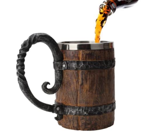 Roil Viking Cup Wood Style Barrel Mug Tankard With Handle | Drinkware Stainless Steel Double Wall Cocktail Mug #TOP3