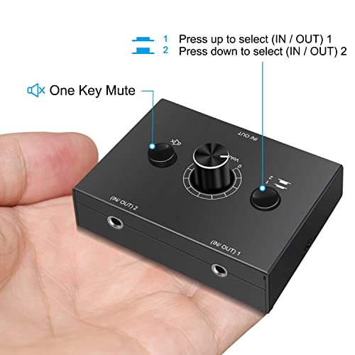 UNSTINCER 3,5mm Jack Audio Switch Box 2(1)-In-1(2)-Out, Analog Stereo Sound Umschalter mit Volume Knopf Mute Button, Passive ab Selector Schalter Umschaltung für Phono Lautsprecher Headphone PC