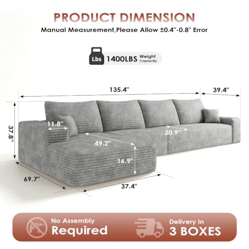 Image of Boneless Couch, Modular Sectional Couches for Living Room, U-Shaped Cloud Couch Sofa with Deep Seat, Fluffy Corduroy Upholstered Corner Sofa