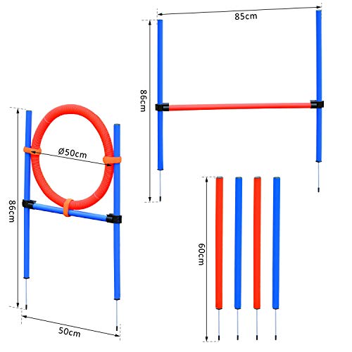 PawHut Agility-Übungs-Set Slalom-Hürden-Sprungring 3 in 1 Hundesport Trainingsplatz PE Blau+Rot