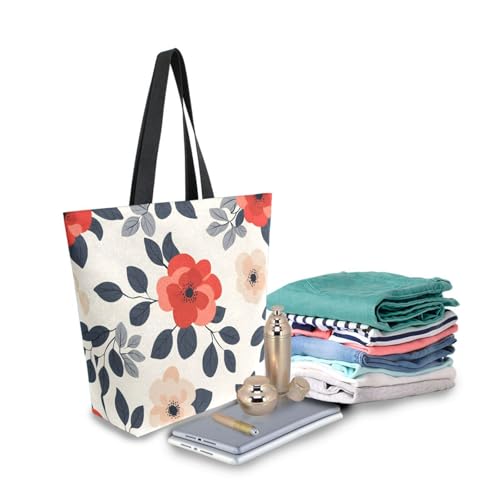 Extra Large Shoulder Tote Bag for Beach Travel Weekender Gym Flower Leaves Red Pattern Black Leaves Reusable Grocery Canvas Shopping Bag3