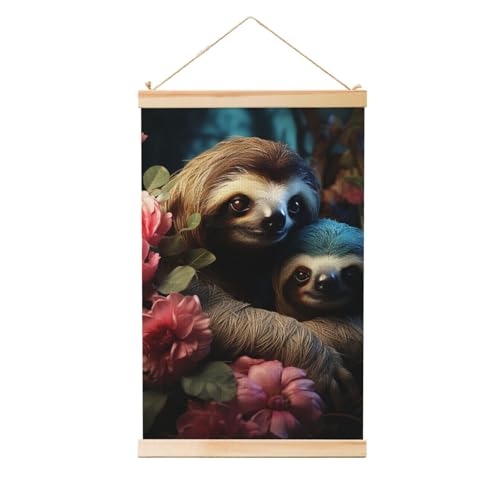 Affiche en bois suspendu paresseux et son bébé illustration vintage tendresse pour salon