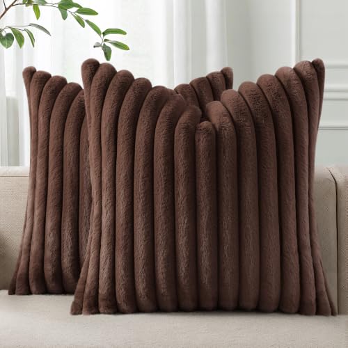Image of Pallene Faux Fur Plush Throw Pillow Covers 26x26 Set of 2, Luxury Soft Fluffy Striped Decorative Pillow Covers for Sofa, Couch, Living Room, Dark Brown