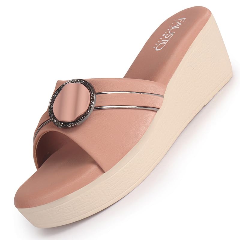 Image of FAUSTO Women Buckle Design Wedge Heel Sandals | Comfortable Slip-On Platform Slides For All Day Wear, Casual and Party | Soft Cushioned Insole