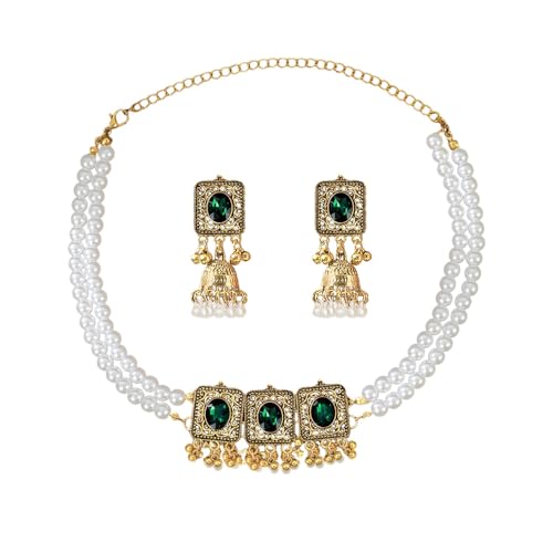 Indian Pearl Choker Necklace Jhumki Dangle Chandelier Earring Set for Women Crystal Tassel Beaded Pendant Boho Earrings Fashion Chunky Necklaces Party Wedding Bollywood Jewelry Jhumka Festival (Green)