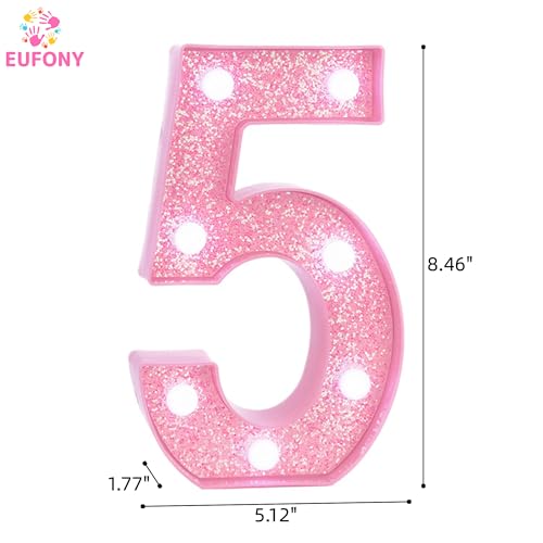 Image of Pink Light Up Marquee Numbers, Glitter LED Number Lights Signs Battery Operated for Girls 5th 15th 25th Pink Birthday Party Table Decorations, 8 Inch Tall Number 5 with Cool White Lights
