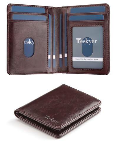 Image of Teskyer Wallet for Men RFID Blocking Bifold Credit Card Holder - Coffee | Large Capacity 8 Card Slots, Compact Design, Bifold Wallet with Gift Box for Daily Carry and Gifting