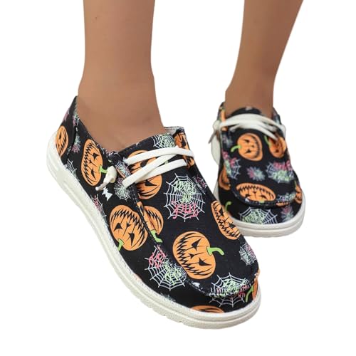 Women's Halloween Canvas Sneakers 2025,Skeleton Pumpkin Printed Low Top Lace up Walking Halloween Shoes Breathable Comfortable,Casual Flat Slip-On Shoes Pumpkin2