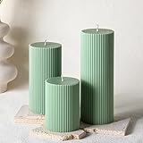 Conelist Ribbed Pillar Candles Set of 3, Width 3' High 4' 6' 8' Large Soy Wax Orchids Scented Pillar Candles Aesthetic Ribbed Modern Home Decor for Bathroom Living Room(Sage Green)