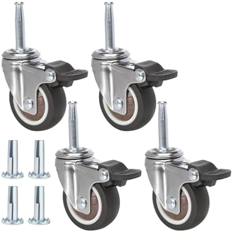 JGJC 2 inch Stem Rubber Caster Wheels, Swivel Casters Set of 4 with Brake, Ball Bearings Castor Wheels for Furniture with Sockets, 5/16" x 1-1/2" Grip Neck Stem Locking Casters for Furniture Legs Cover