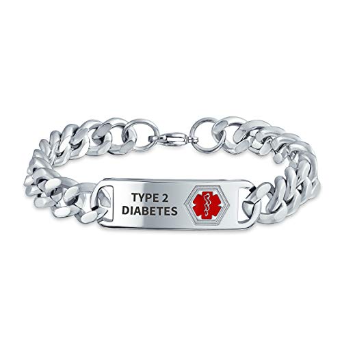 Bling Jewelry Type 2 Diabetes Medical Identification ID Bracelet For Men Silver Tone Stainless Steel 8 In Custom Engraved