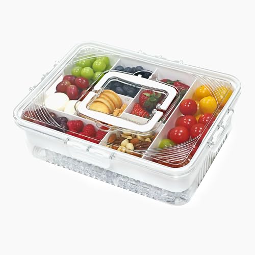 Snackle Box Container,Chilled Divided Serving Tray With Lid And Handle,Snack Organizer For Fruits, Veggies,Candy,Charcuterie,Ice Serving Platter with 7 Compartments For Travel,Party,Keep Food Cold