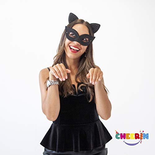 Faixa de cabeça de orelha de gato Cheerin com máscara de gato | Faixa de cabeça de gato com glitter