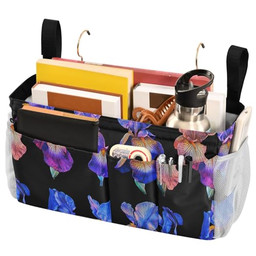 FRODOTGV Bedside Storage Basket Nature Iris Black Hanging Organizer with Big Pockets And Bottle Holder for Dorm, Bunk, Loft, Hospital Bed