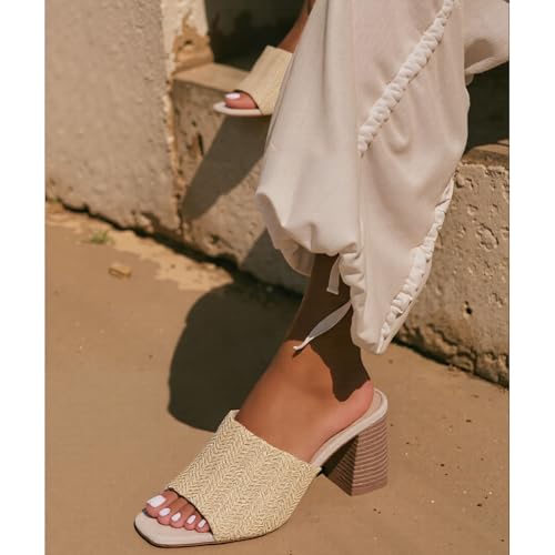 Image of Ancomafio Heeled Sandals for Women,Raffia Sandals 2026 Chunky Heels Square Toe Mules Block Summer Shoes Slip On
