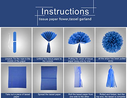 Image of Teal Silver White Navy-Blue Party-Decorations - 30pcs Tissue Paper Flowers Pom Poms Tassel Garland Pennant Banner Flag Streamers Birthday Decorations Boy Men Christmas Baby Shower Winter Hanging Decor