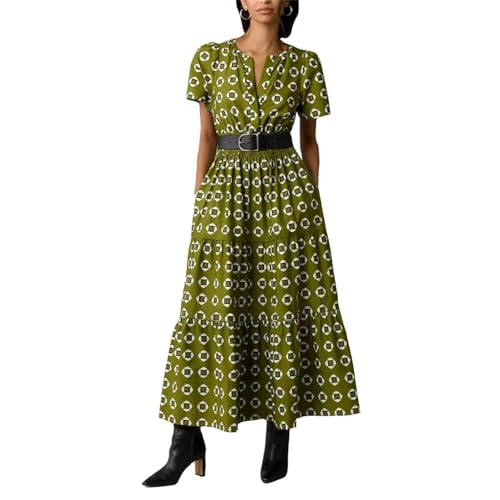Vestido bohemio casual de verano para mujer, cuello en V, manga corta, fluido, vestido de fiesta de playa, vestido largo con estampado de verano, verde, XL