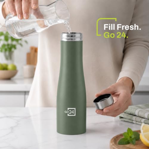 Image of Go24 pexpo Monaco 1000 ISI Certified Stainless Steel Sports /Fridge Water Bottle with Steel Cap, 970ml, Military Green | BPA Free | Water Bottle for Office, Gym, School, Yoga, Trekking, Adults&Kids