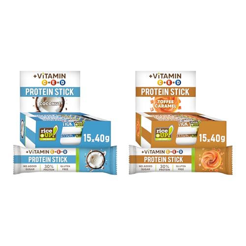 Sticks de protéine RiceUP! enrichis en vitamines saveur caramel et coco gourmande