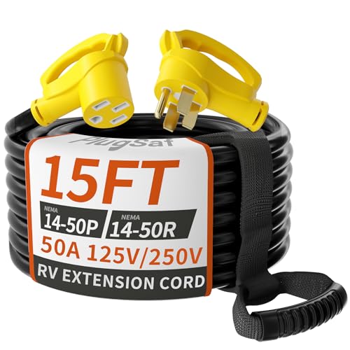 PlugSaf NEMA 14-50P/14-50R 15 FT 50 Amp RV/EV Extension Cord Outdoor with Grip Handle 4 Prong Flexible Heavy Duty STW RV Power Cord Waterproof 50A 125/250V 6250/12500W Black-Yellow ETL Listed