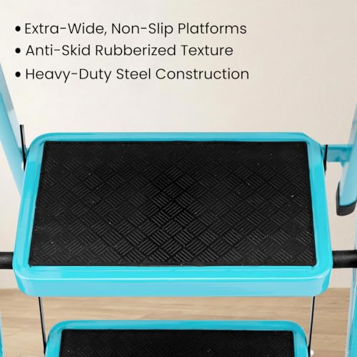 Image of Casa Copenhagen Teal Blue 7 Step Ladder for Home Use with Built-in Tool Tray | Heavy Duty D Shape Rods | Ultra Large Platform | Wide Rubber Feet | 150Kg Capacity Foldable Ladder - 7 Years Warranty