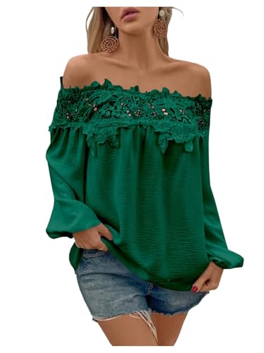WDIRARA Women's Floral Lace Off Shoulder Blouse Long Bishop Sleeve Top Solid Shirt Dark Green Medium