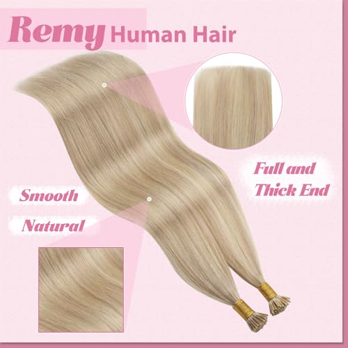 Image of YoungSee I Tip Extensions Blonde Itip Hair Extension Real Human Hair Ash Blonde Highlight Bleach Blond Itip Hair Extension 16 Inch 60s 50g I-Tips Human Hair for Women