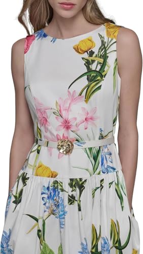 Image of Karl Lagerfeld Women's Sleeveless Boat Neck Drop Waist Belted Midi Dress