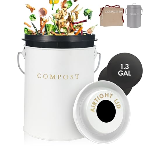 White 1.3 Galion Indoor Compost Bin Kitchen Odorless with Lid for Composting Food Waste Bucket for Counters, Stainless Steel Kitchen Compost Bin Countertop Trash Can Scrap Container Composter Caddy