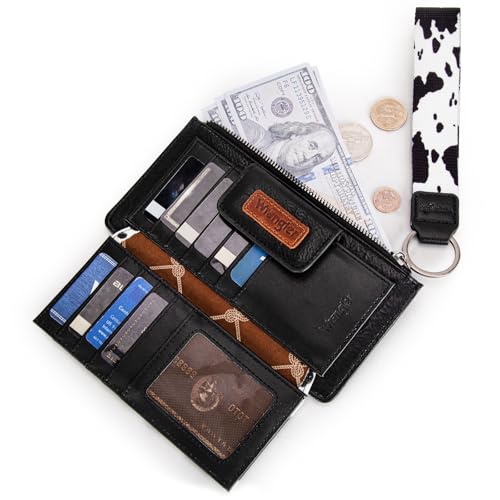 Image of Montana West X Wrangler Cow Print Wallet for Women Ladies Female Card Cases & Money Organizers Wristlet with Wallet Large Clutch with Coin Purse Smooth Zipper and Rfid Lining