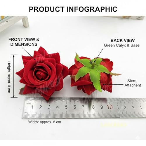 Image of Divyakosh Artificial Red Rose Flowers, Premium Floral Arrangement, 12 Pieces, Decorative Flowers for Home, Wedding, Party Decor, Hair Accessories, Wedding, Size 5x5 cm