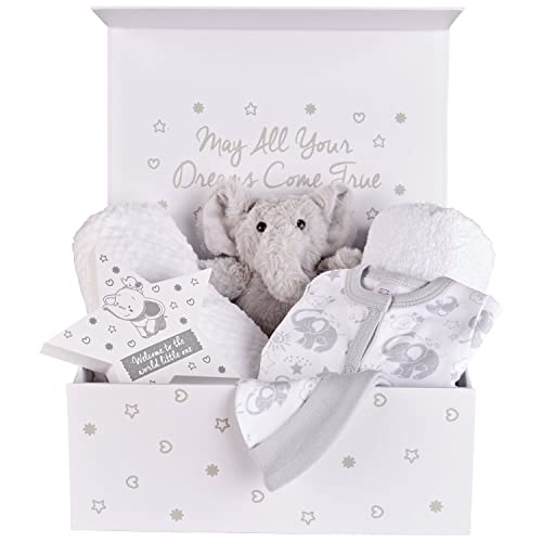 Unisex Premature Baby Gift Set - Unique Magnetic Box That Includes a Wrap Blanket, Hooded Towel, Soft Elephant Toy, Bib and Hat. A Great Shower Gift for New Preemie Baby Boys and Girls