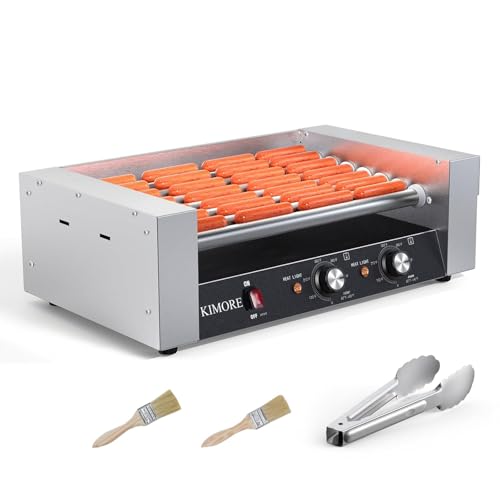 Hot Dog Roller, 18 Hot Dogs 7 Rollers Grill Cooker Machine with Removable Stainless Steel Drip Tray Stainless Steel with Cover, Dual Temp Control, Led Light, Perfect for Commercial and Party