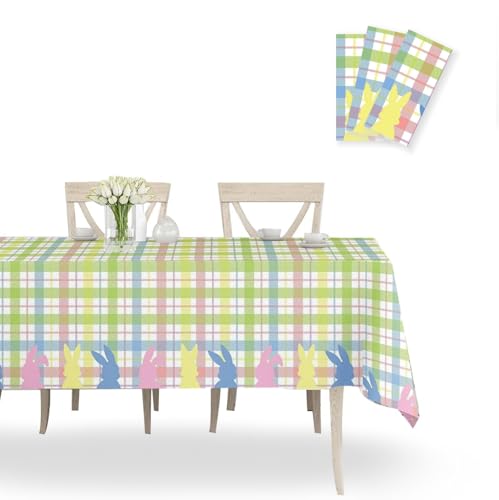 Image of OQOQ Plaid Pastel Easter Tablecloth (3 Packs) -108x54 inches Easter Table Cloth Colourful Happy Bunny Disposable Waterproof Table Cover for Spring Party Decoration Picnic Dinning Home Decor