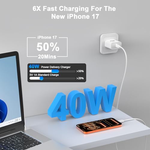 Image of iPhone 17 Fast Charger Block,[Apple MFi Certified] 2Pack 40W USB C Wall Charger Plug with 10FT USB C to C Charging Cord for iPhone 17 /17Air /17Pro Max /16 Pro Max /16Pro /15 ProMax-Home /Travel Essential