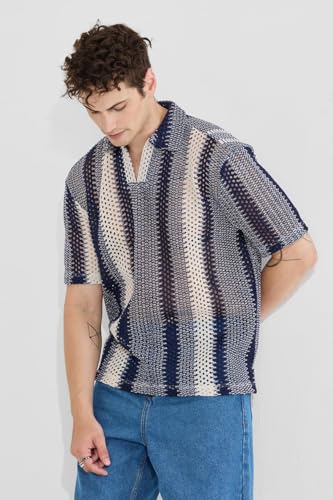 Image of SNITCH Greyish Blue Polo Box Fit Crochet T-Shirt