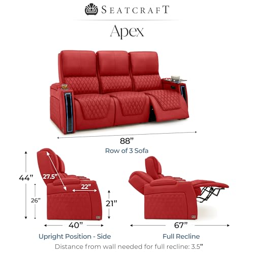Image of Seatcraft Apex Red Italian Leather Home Theater Seating, Zero Gravity Power Recliner, Powered Headrest and Lumbar Gaming and Home Office Chair, Lounge Sofa Furniture for Cinema Room, Row of 3 Sofa