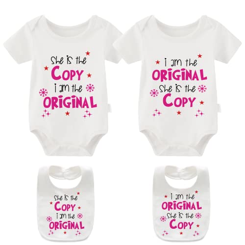 Image of YSCULBUTOL Baby Twins Bodysuits She Is The Copy I Am The Original Infant Baby Clothes Twin Outfits With Bibs(white copy 9m)