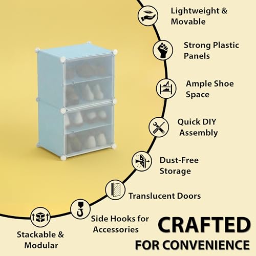 Image of ALOXE DIY Foldable Shoe Rack | 4 Layer Plastic Shoes Rack with Door Cover | Multipurpose Stand for Home & Entryway (Blue)