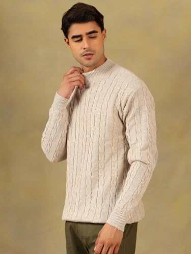 Image of Kvetoo Men's High Neck Cable Knit Sweater | Winter Pullover | Warm Wool Blend |Casual Full Sleeve Sweater for Men | Stylish Ribbed Neck Slim Fit Winterwear