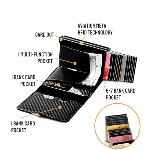 Leather Wallets for Men with Slim Pop Up Card Holder for 14-16 Cards，RFID Blocking Bifold Minimalist Smart Wallet，Credit Card Holder with Cash Slot gifts for men(Carbon black)3