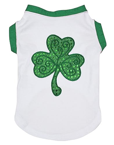 Petitebella Green Sequins Clover Puppy Dog Shirt (White, Medium)
