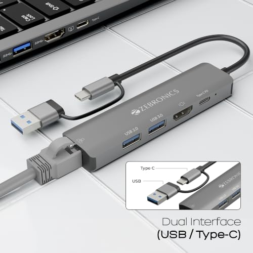 Image of Zebronics CT51 5-in-1 Hub, Dual Interface (USB & Type-C),100W Type-C PD Charging, HDMI 4K@30Hz, 5Gbps Transfer Speed, USB 2.0, USB 3.0, RJ45 100Mbps LAN, Metal Body, LED Indicator, Lightweight Build