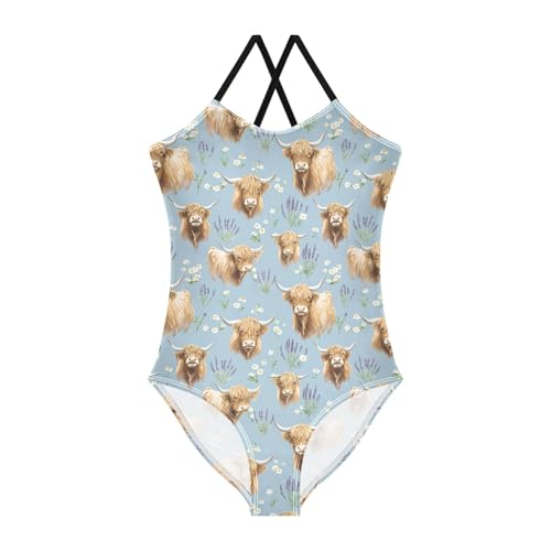 senya Girls Swimsuits One-Piece Swimwear Tie Bathing Suit Beach Summer Round Neck 5-6T Highland Cattle Lavender Pattern