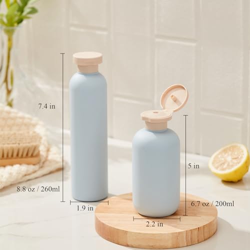 Qeuly Squeeze Bottles with Pump Dispenser and Flip Cap, 8.8 oz Refillable Travel Containers for Toiletries, Plastic Travel Shampoo and Conditioner Bottles (Blue 260)4
