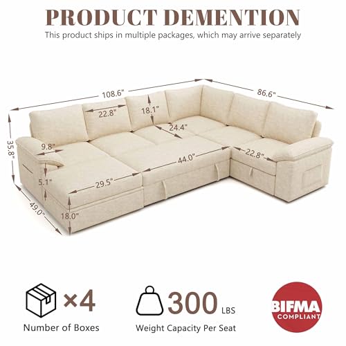Image of 108 Inch Modular Sectional Sofa with Pull Out Bed,U Shaped 7 Seat Sectional Sleeper Sofa with Storage,Sectional Couches for Living Room,Cloud Modular Couch,Removable Sofa Cover,Beige