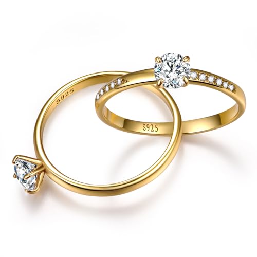 Stacking Interlocking Ring 14K Gold Plated | 925 Sterling Silver Stackable Wedding Bands Statement Cubic Zirconia Engagement Ring Sets Maximalist Jewelry Band Width 2mm Size 5-93